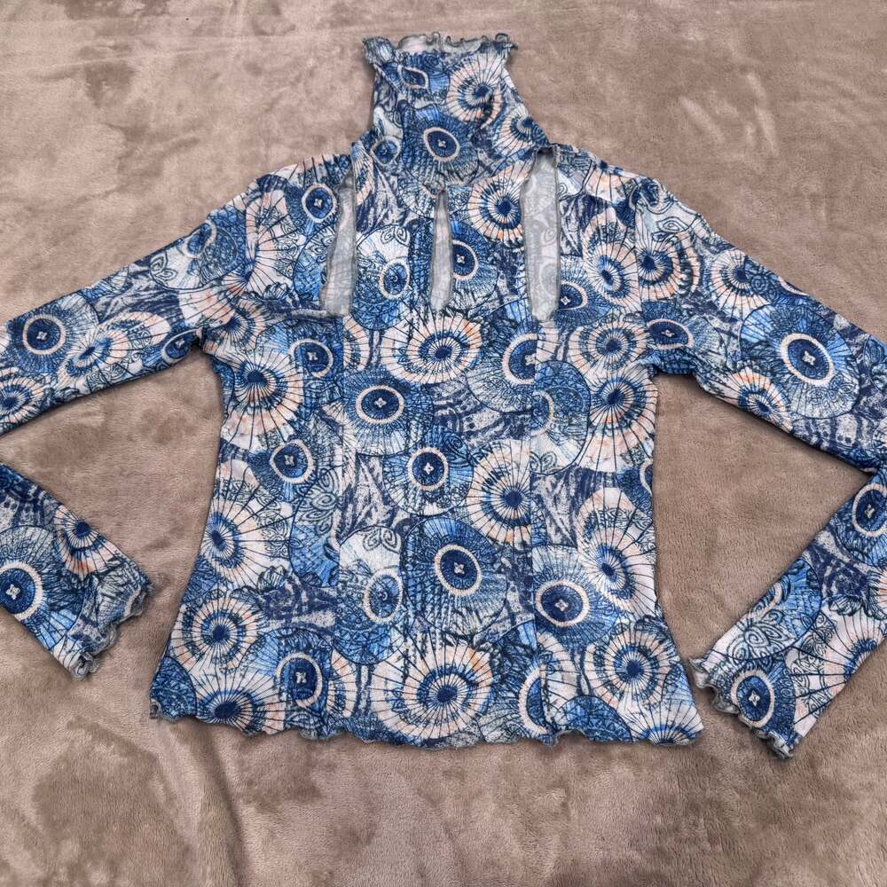 Kim Shui Blue Shell Print Lace-Up Top SIZE SMALL